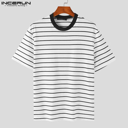 INCERUN Tops 2024 Handsome New Men Striped O-neck Loose T-shirts Fashionable Casual Streetwear Male Short Sleeved Camiseta S-5XL