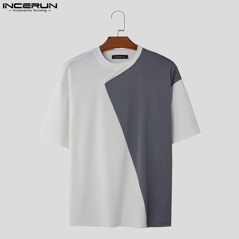 INCERUN Tops 2024 Koreanischen Stil Hübsche Männer Oansatz Unregelmäßigen Patchwork T-shirts Casual Streetwear Kurzarm Camiseta S-5XL