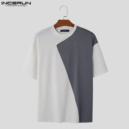 INCERUN Tops 2024 Style coréen Beau T-shirts en patchwork irrégulier à col rond pour hommes T-shirts décontractés à manches courtes Camiseta S-5XL