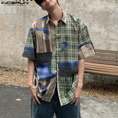 Fashion Casual Style Tops INCERUN 2024 Men's Striped Checkered Printed Shirts Summer Streetwear Short Sleeved Lapel Blouse S-5XL