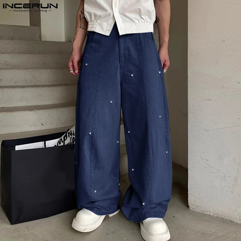 INCERUN 2024 Korean Style Trousers Stylish Men's Pearl Decorative Design Long Pant Leisure Streetwear Male Solid Pantalons S-5XL