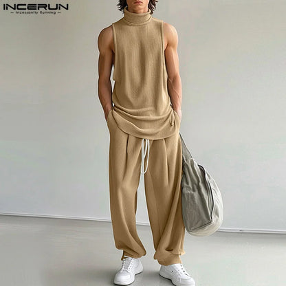 INCERUN 2024 Ensembles de style américain Nouveaux hommes décontractés à rayures Pit Col haut Gilets Pantalons Mode Streetwear Solide Deux Pièces Ensembles S-5XL