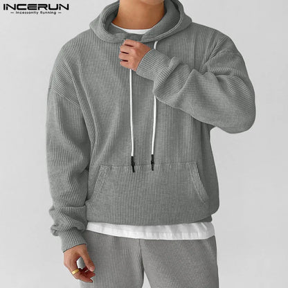 Stylish All-match Tops INCERUN Mens Hoodies Street Loose Striped Hoodies Autumn Winter Drawstring Long Sleeved Sweatshirt S-5XL