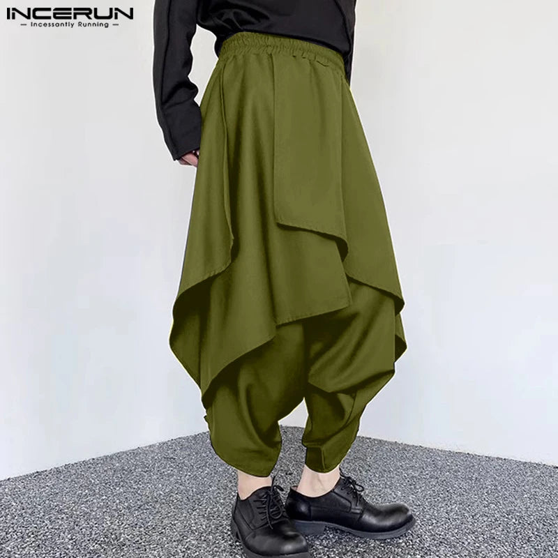 INCERUN 2024 Herrenpantalons im koreanischen Stil, mehrstufiges Design, große Schritthose, lässige, lose, unregelmäßige, feste Hose, S-5XL