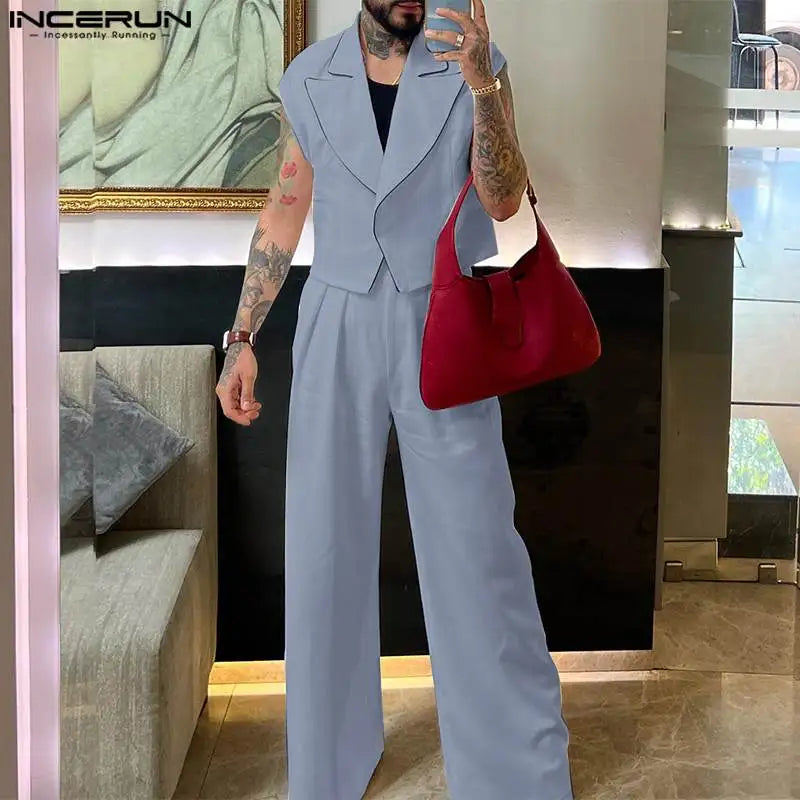 INCERUN Hommes Ensembles Couleur Unie Streetwear Revers Gilets Sans Manches Et Pantalons Droits Deux Pièces Ensembles 2024 Mode Hommes Costumes Décontractés