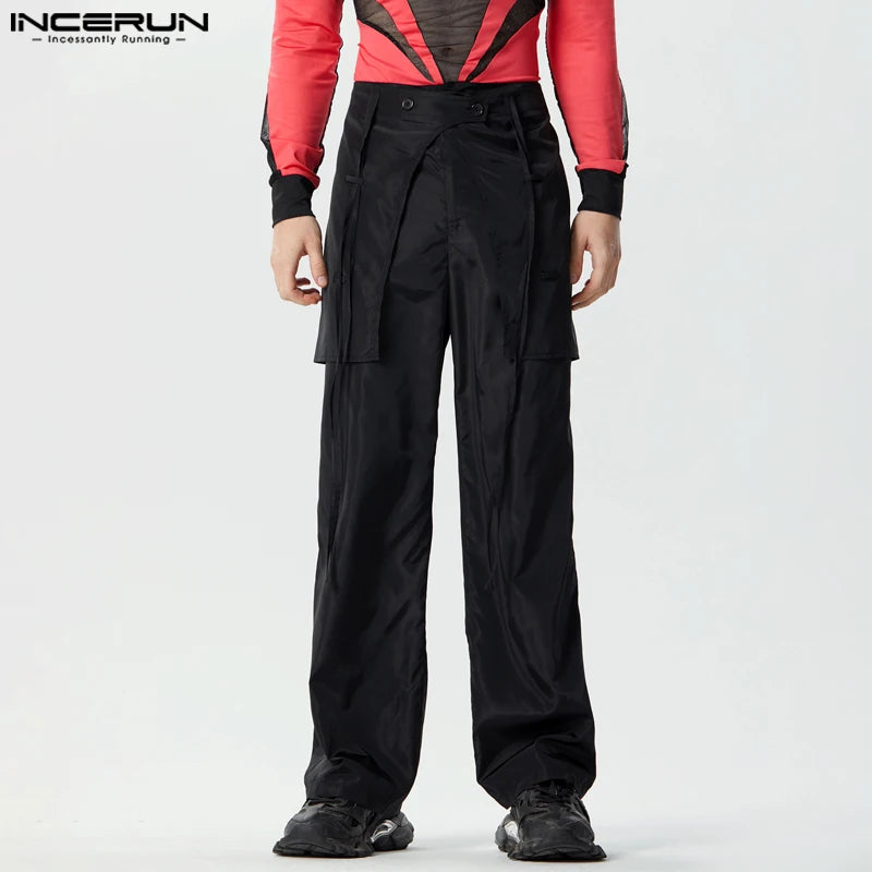 INCERUN 2024 American Style Trousers Fashion Men Layered Fake Two-piece Design Long Pants Casual Solid All-match Pantalons S-5XL