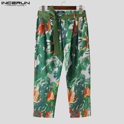 INCERUN 2024 Korean Style Trousers Men's Personality Flower Leaf Printing Long Pants Casual Streetwear All-match Pantalons S-5XL