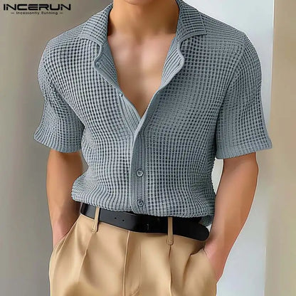 INCERUN Tops 2024 Korean Style Men's Textured Solid Simple Shirts Casual Streetwear Standing Collar Medium Sleeved Blouse S-5XL