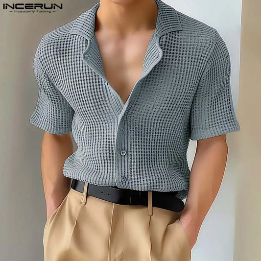 INCERUN Tops 2024 Koreanischer Stil Herren Strukturierte Solide Einfache Hemden Casual Streetwear Stehkragen Mittelärmelige Bluse S-5XL