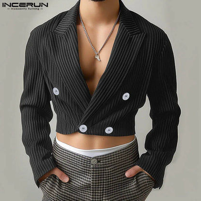 Fashion Well Fitting Tops INCERUN New Men's Contrast Striped Cropped Suit Coats Casual Streetwear Long Sleeved Blazer S-5XL 2024