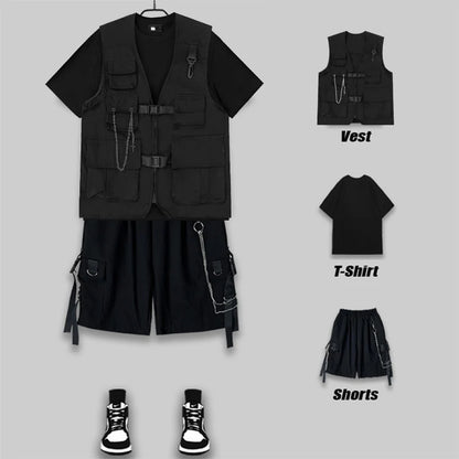 HOUZHOU Techwear Herren Shorts Set Tank Top Männer Cargo Punk Rave Weste Männliches Hemd Streetwear Hip Hop Hippie Männer Kleidung Taschen