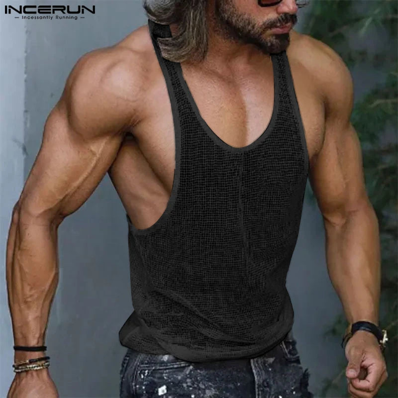 INCERUN Gilet en maille transparente pour homme, haut sexy et élégant, décontracté, sport, ajouré, sans manches, mince, S-5XL, 2023