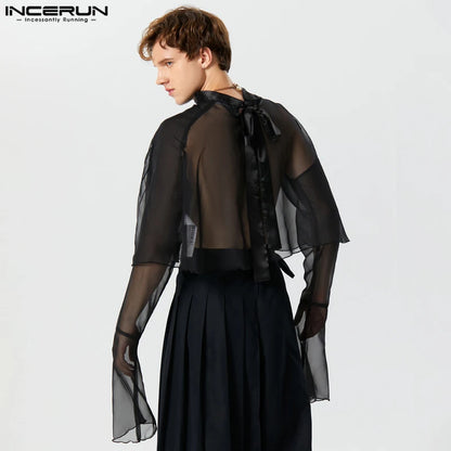 INCERUN Tops 2023 American Style Stylish Men See-through Ribbon Ruffled Blouse Leisure Party Show Thin Long Sleeved Shirts S-5XL