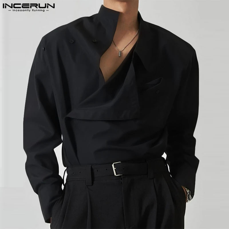 INCERUN Tops 2023 Koreanische Stil Neue männer Diagonal Knopfleiste Solide Einfache Alle-spiel Bluse Mode Lässig Langarm Shirts S-5XL