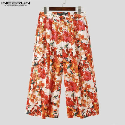 INCERUN 2024 American Style Mens Trousers Stylish High Waisted Floral Pattern Pants Casual Well Fitting Wide Leg Pantalons S-5XL