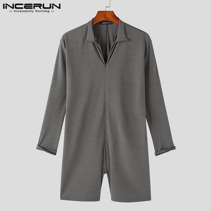 Fashion Casual Style Bodysuit INCERUN New Men's Half High Neck Solid Rompers Sexy Comfortable Male Long Sleeved Jumpsuits S-5XL