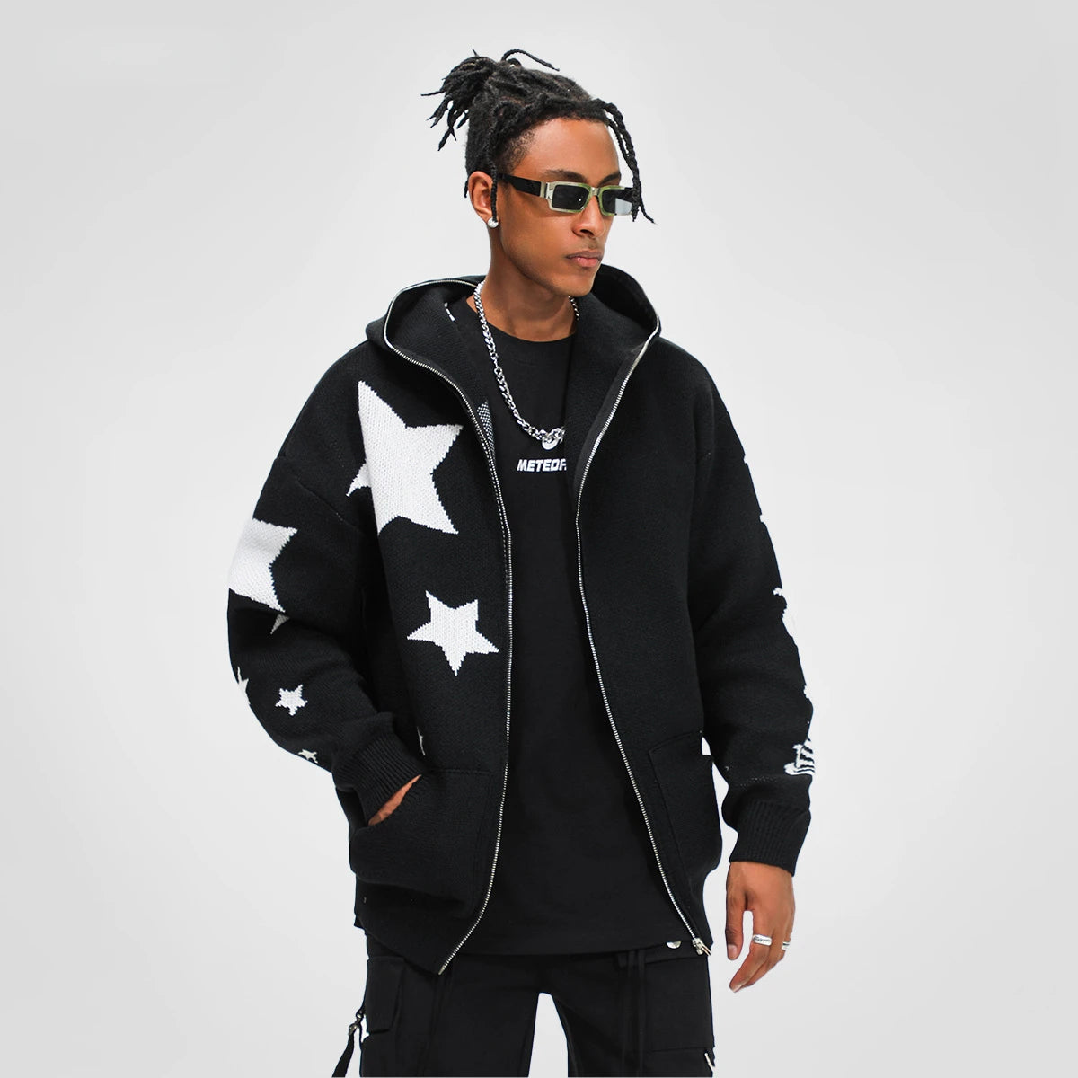 HOUZHOU Y2K Stern Mit Kapuze Strickjacke Gestrickte Pullover Männer Herbst Streetwear Hip Hop Langarm Pullover Jacke Zipper Mantel Männlich