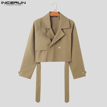 INCERUN 2023 Men Jackets Lapel Long Sleeve Solid Color Male Crop Coats Streetwear Loose Fashion Casual Jackets With Belt S-5XL