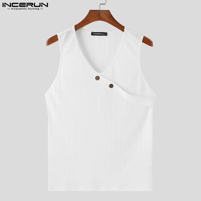 INCERUN Tops 2024 Korean Style Men's Knitted Buckle Design Vests Casual Streetwear Male Solid V-neck Sleeveless Tank Tops S-5XL