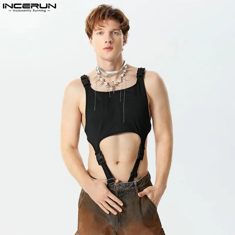 INCERUN 2024 Sexy Stil Strampler Kleidung Herren Solide Schnalle Design Overalls Mode Ausgehöhlt Dünne Ärmellose Bodys S-5XL