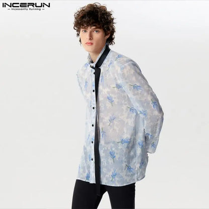 INCERUN Tops 2024 American Style Mens Print Chiffon Slightly Transparent Shirts Casual Streetwear Male Long Sleeved Blouse S-5XL