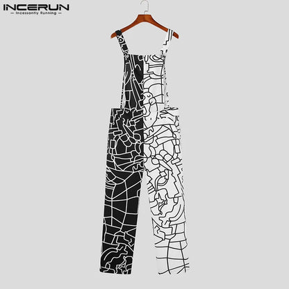 INCERUN 2023 American Style Men Bodysuit Black&White Contrast Color Graffiti Hollow Jumpsuits Casual Sexy Hot Sale Rompers S-5XL