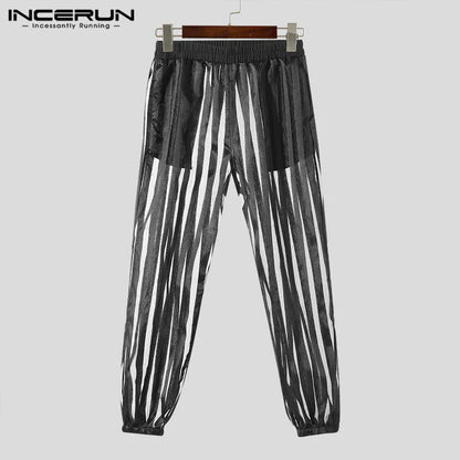 INCERUN 2024 American Style Men's Trousers Striped Mesh Transparent Long Pants Casual Clubwear Hot Selling Male Pantalons S-5XL