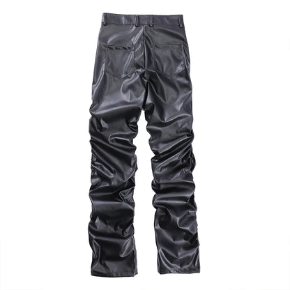 Pantalon plissé en cuir PU pour homme, style hip-hop, style rétro, streetwear, ample, froncé, décontracté, droit, couleur unie, noir