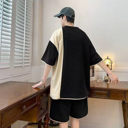 HOUZHOU Two Piece Men Tracksuit Oversized Shorts Sets Summer Print Korean Fashion Short Sleeve Tops Male Sports Casual Suits