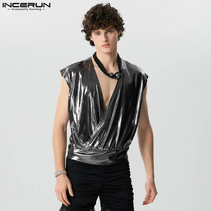 Fashion Casual Style Tops INCERUN New Men's V-neck Flash Fabric T-shirts Casual Loose Comfortable Sleeveless Camiseta S-5XL 2024