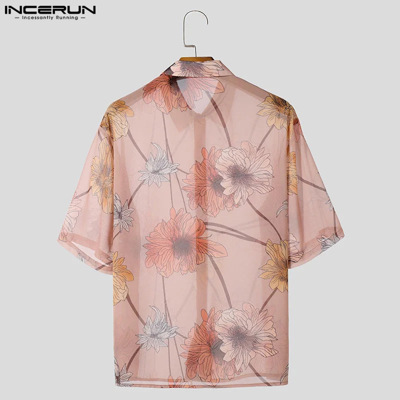 INCERUN Tops 2024 American Style Mens Fashion Perspective Floral Print Shirts Casual Personality Thin Short Sleeved Blouse S-5XL