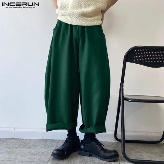 INCERUN 2024 Korean Style Trousers New Men's Leisure Loose Solid Wide Leg Pant Fashion Male Solid Simple Cropped Pantalons S-5XL