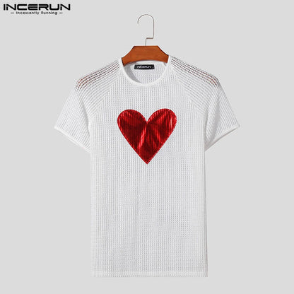 INCERUN Tops 2024 American Style Fashion New Men Hollow Heart Pattern Splicing Camiseta Personality Short Sleeved T-shirts S-5XL