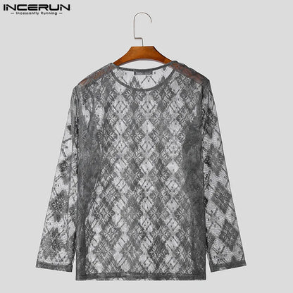 INCERUN Tops 2024 American Style Fashion Mens Diamond Lace Hollow Slightly Transparent T-shirts Sexy Long Sleeved Camiseta S-5XL