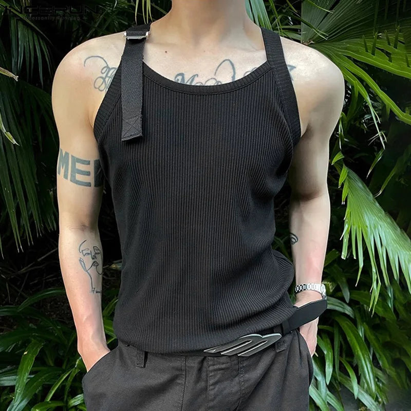 INCERUN Tops 2024 Korean Style Men's Knitted Shoulder Strap Design Vests Summer Streetwear Male Sleeveless Solid Tank Tops S-5XL