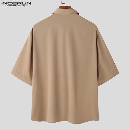 INCERUN Tops 2023 Koreanische Stil Neue Männer Half Zip Revers Tasche Shirts Casual Streetwear Männlichen Solide Kurzarm Revers Bluse S-5XL