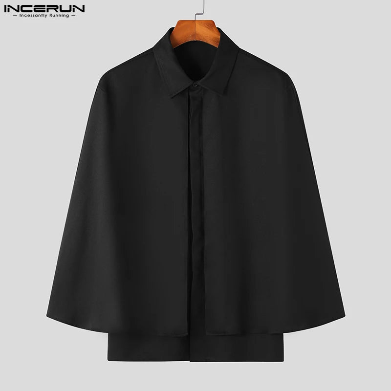 INCERUN Tops 2023 American Style New Mens Fashionable Solid Cloak Fake Two Design Blouse Casual Solid Short Sleeved Shirts S-5XL