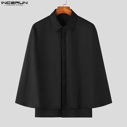 INCERUN Tops 2023 Style américain Nouveau Hommes Mode Solide Cape Faux Deux Conception Chemisier Décontracté Solide À Manches Courtes Chemises S-5XL