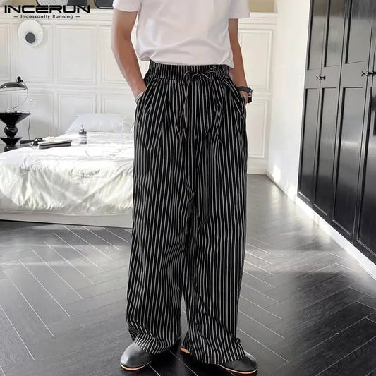 INCERUN 2024 Korean Style Trousers Stylish Men Striped Drawstring Design Pants Casual Streetwear Elastic Waisted Pantalons S-5XL