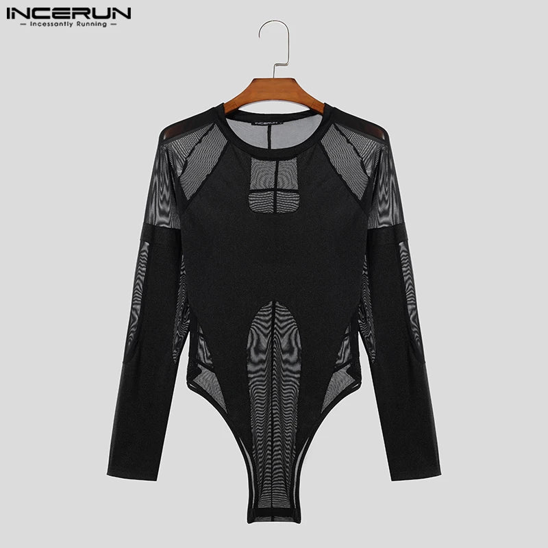 INCERUN 2024 Sexy Men's Homewear Jumpsuits Thin Mesh Splicing Deconstructed Design Rompers Triangle Long Sleeved Bodysuits S-3XL