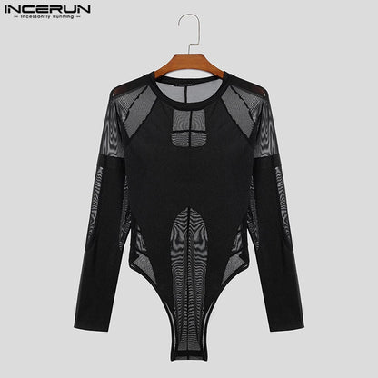 INCERUN 2024 Sexy Men's Homewear Jumpsuits Thin Mesh Splicing Deconstructed Design Rompers Triangle Long Sleeved Bodysuits S-3XL