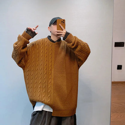 HOUZHOU Knitted Sweater Men Japanese Y2K Oversize Casual Autumn Winter Irregular O-neck Pullovers for Man Old Money Streetwear