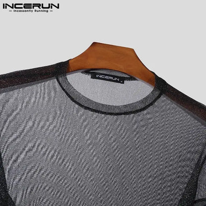 Fashion Clubwear Style Tops INCERUN 2024 Men's Perspective Mesh T-shirt Sexy Casual Thin Flash Fabric Long Sleeve Camiseta S-5XL