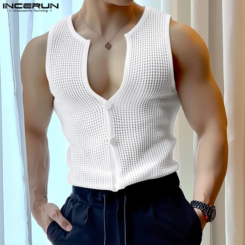 INCERUN Tops 2024 Style coréen Été Nouveaux Hommes Maille Patte Ouverte Bouton Gilets Sexy Mode Mâle Solide Sans Manches Débardeurs S-5XL