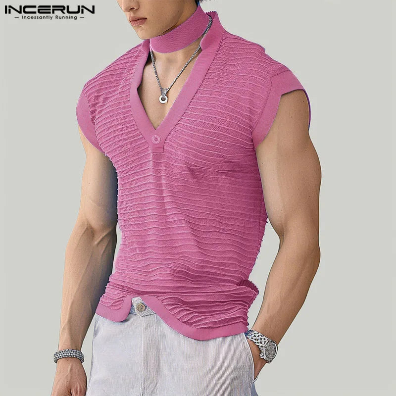 INCERUN Tops 2024 Korean Style New Men's Fashion V-neck Striped Texture Camiseta Casual Clubwear Male Sleeveless T-shirts S-5XL