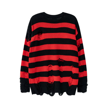 High Street Retro Punk Red and Black Stripes Autumn Sweater Men Loose Ripped Hole Tassel Pullover Round Neck Casual Clothes