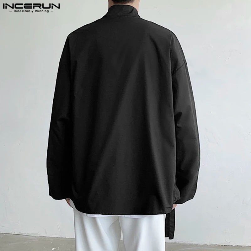 Stylish Casual Style Tops INCERUN Mens Simple All-match Solid Shirts Handsome Male Collarless Long Sleeved Cardigan Blouse S-5XL