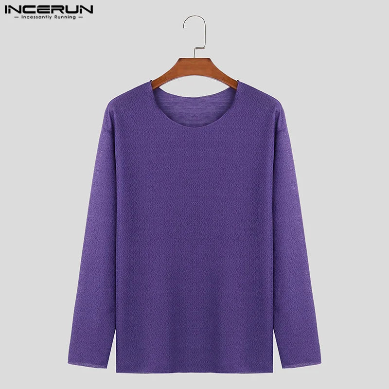 Men's Casual T Shirt O-neck Long Sleeve Solid Color Breathable Men Clothing Streetwear 2024 Fashion Male Shirts S-5XL INCERUN