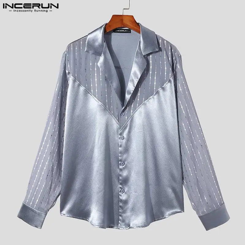 INCERUN Tops 2024 American Style Fashion Men Glitter Sequin V-neck Patchwork Shirts Casual Party Shows Long Sleeved Blouse S-5XL