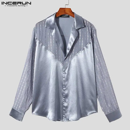 INCERUN Tops 2024 Style Américain Mode Hommes Paillettes Paillettes Col V Patchwork Chemises Décontractées Fête Spectacles Chemisier À Manches Longues S-5XL